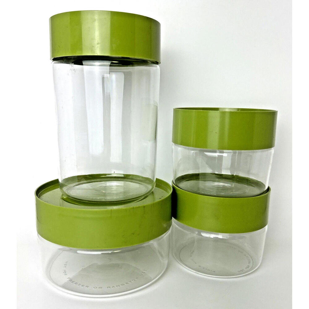 Vintage PYREX See N' Store Avocado Green Glass Stackable Canister Jars USA Set 4